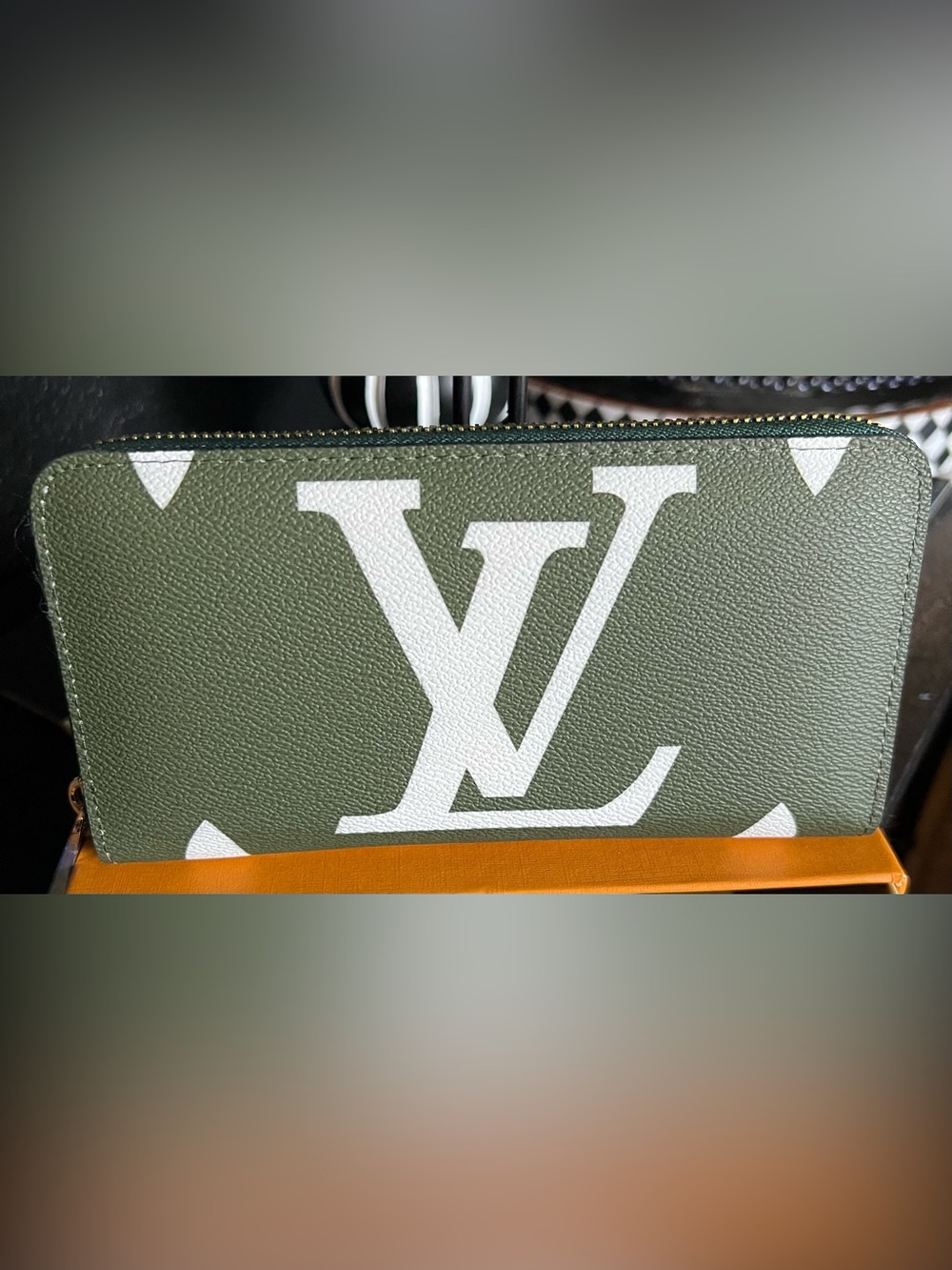 Luxury designer Large Olive Green & Beige bold logo Monogram Zippy Wallet-NIB